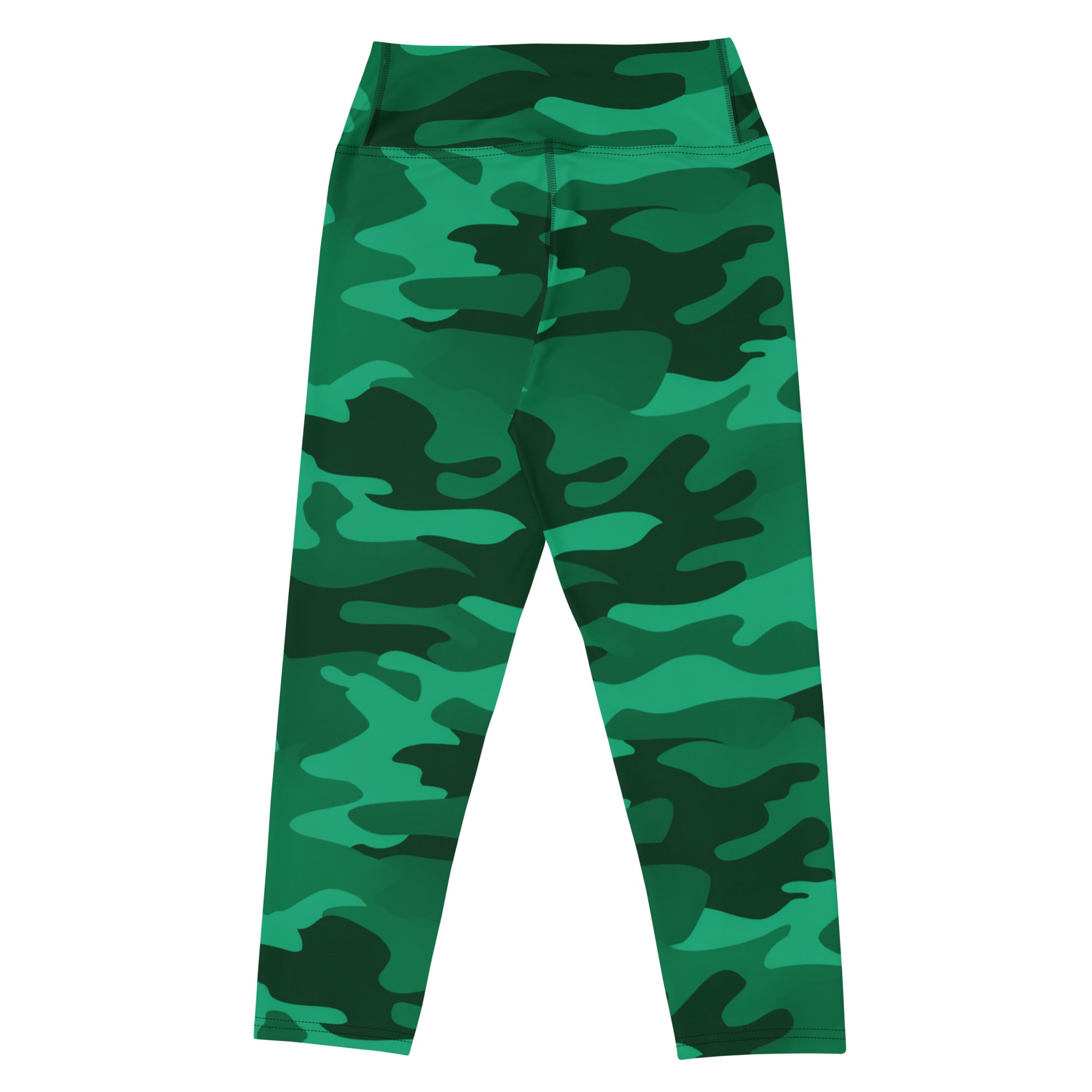 Women’s green camouflage high-rise yoga capri leggings made of buttery soft moisture-wicking stretch fabric