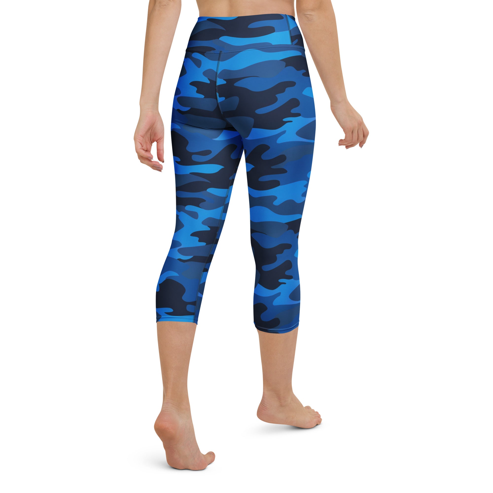 Women’s high rise blue and black camouflage buttery soft yoga capri leggings with moisture wicking stretch