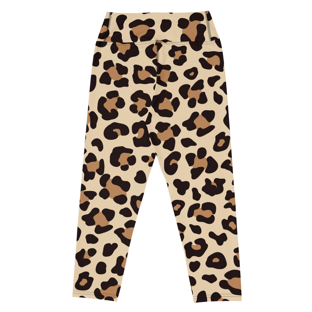 Cream-colored women’s high-rise yoga capri leggings with bold black and tan leopard print buttery soft fabric