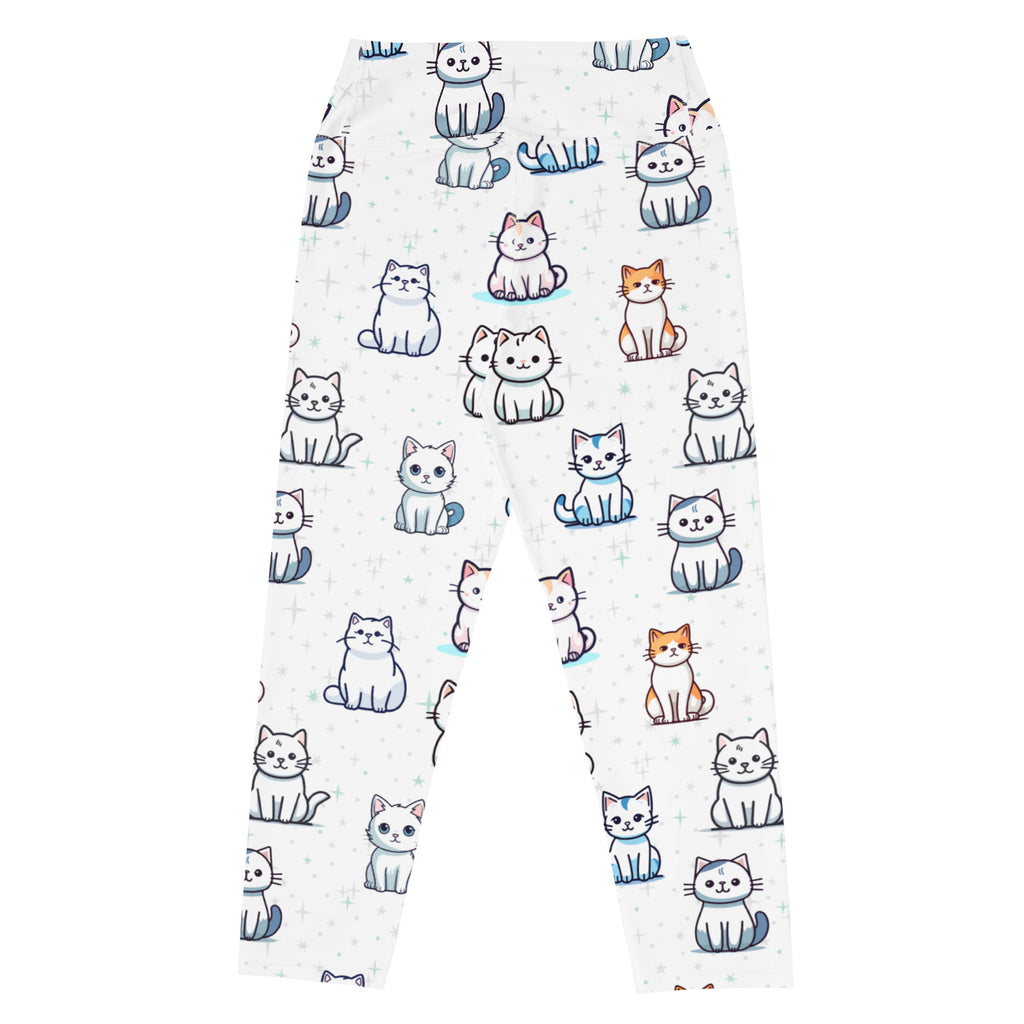 Women’s white buttery soft high-rise yoga capri leggings with playful multicolor cartoon cat print and moisture-wicking fabric