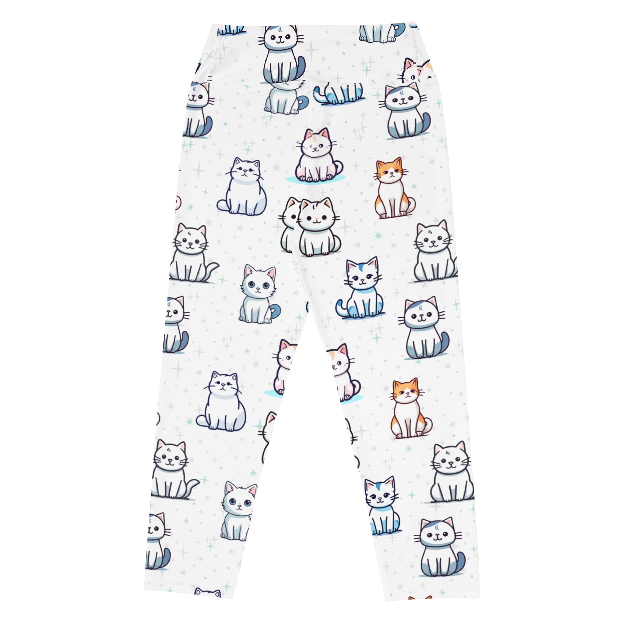 Women’s white buttery soft high-rise yoga capri leggings with playful multicolor cartoon cat print and moisture-wicking fabric