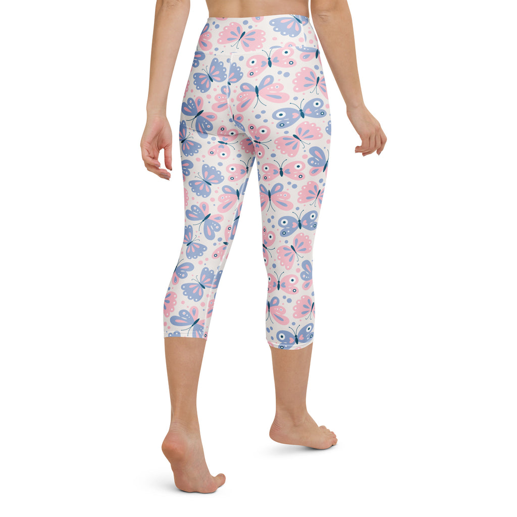 Women’s pastel pink and blue butterfly buttery soft high-rise capri leggings moisture-wicking activewear pants