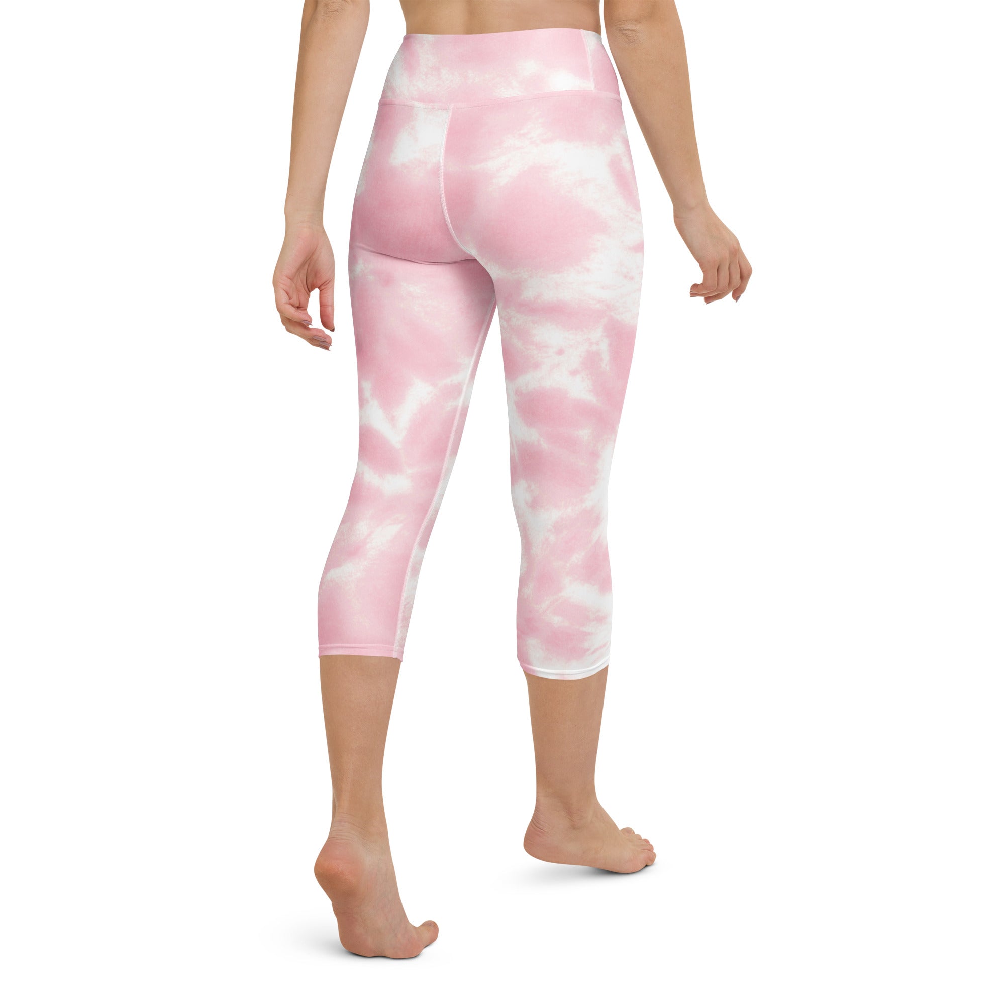 Women’s pink and white tie dye buttery soft high rise moisture wicking capri leggings for yoga and activewear
