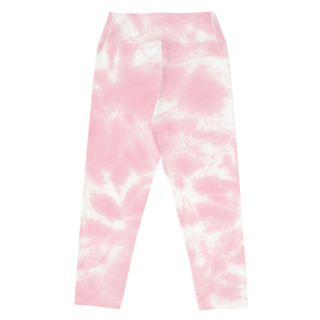 Women’s pink and white tie dye buttery soft yoga capri leggings with high rise waistband and moisture wicking fabric