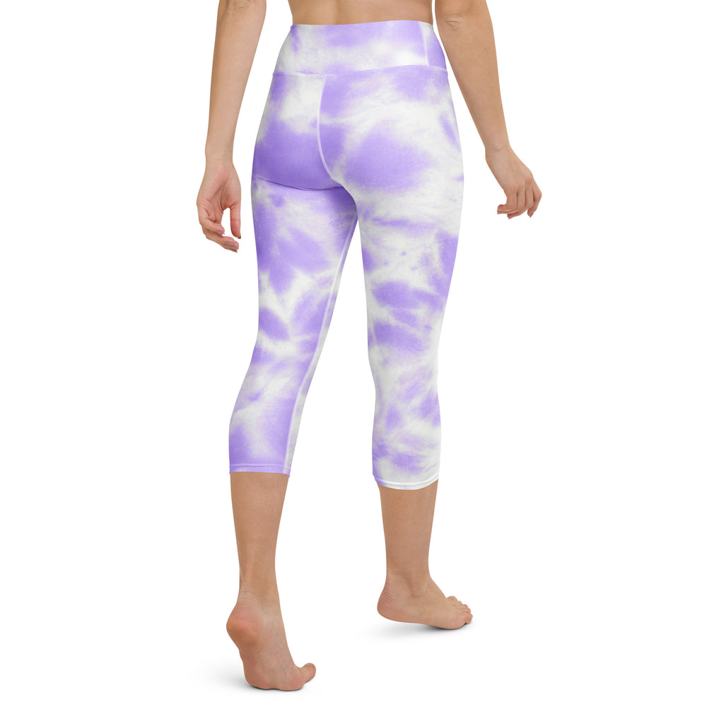 Women’s purple and white tie dye buttery soft high rise moisture wicking yoga capri leggings in front view