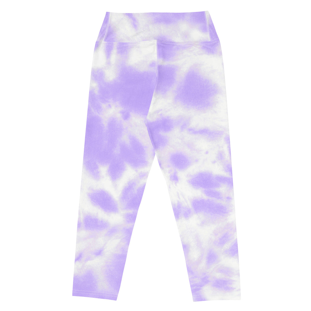 Women’s purple and white tie dye high rise buttery soft yoga capri leggings with moisture wicking stretch fabric