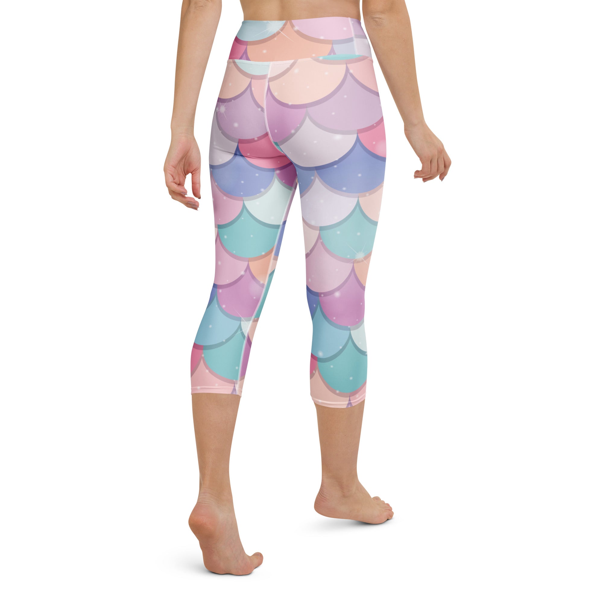 Women’s pastel rainbow mermaid-scale high-rise capri leggings with buttery soft moisture-wicking fabric