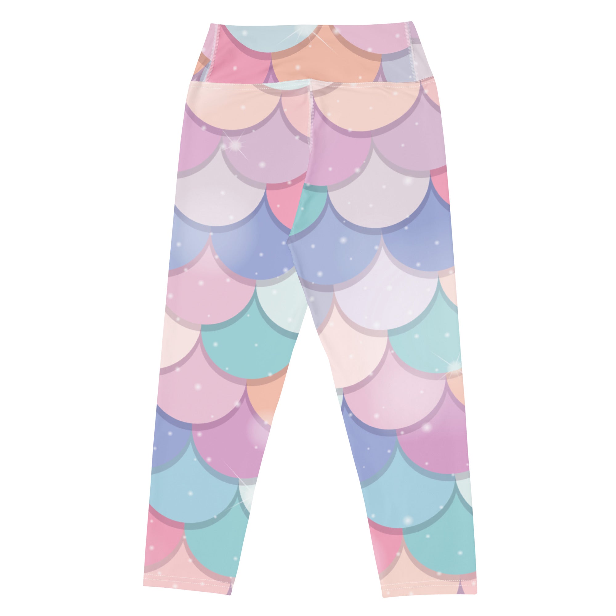Women’s pastel rainbow mermaid scale high-rise yoga capri leggings with buttery soft stretchy moisture-wicking fabric
