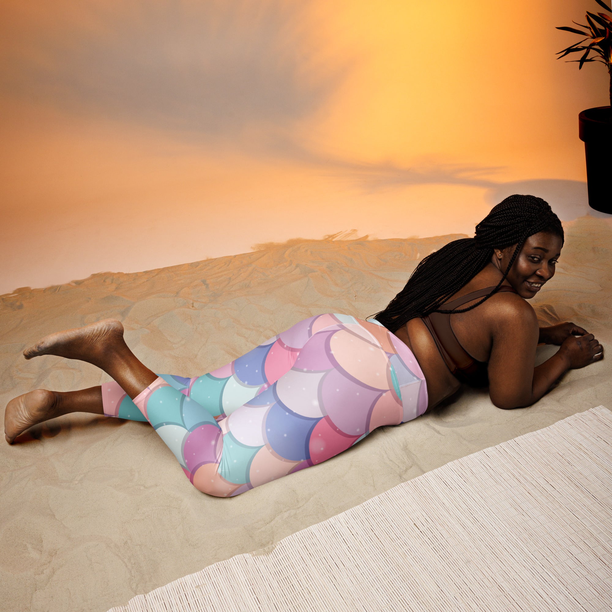 Women’s high-rise rainbow mermaid pastel leggings in soft pink blue and lavender buttery soft moisture-wicking fabric