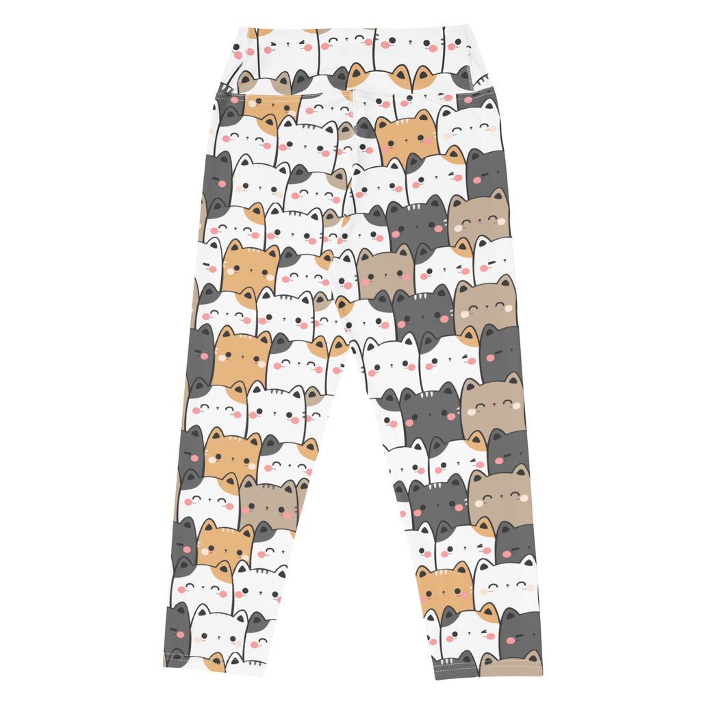 White high-rise yoga capri leggings with kawaii colorful cartoon cats soft stretch moisture-wicking fabric
