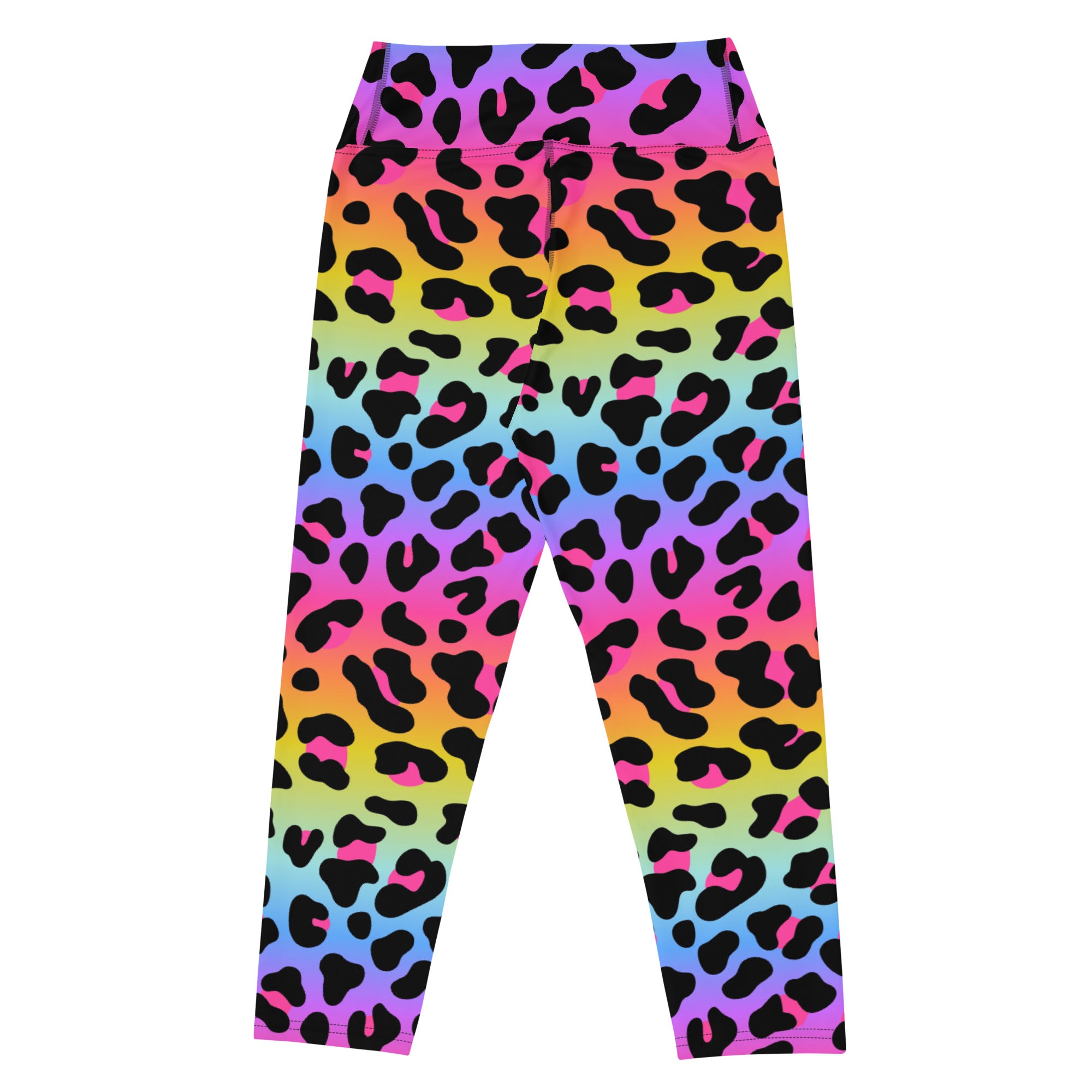 Women’s rainbow leopard buttery soft yoga capri leggings with black spots and pink accents high-rise moisture-wicking