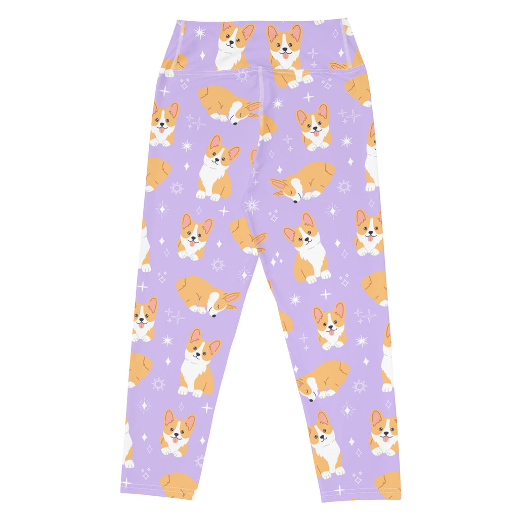 Women’s purple buttery soft yoga capri leggings with high rise and orange white corgi dog pattern and star accents