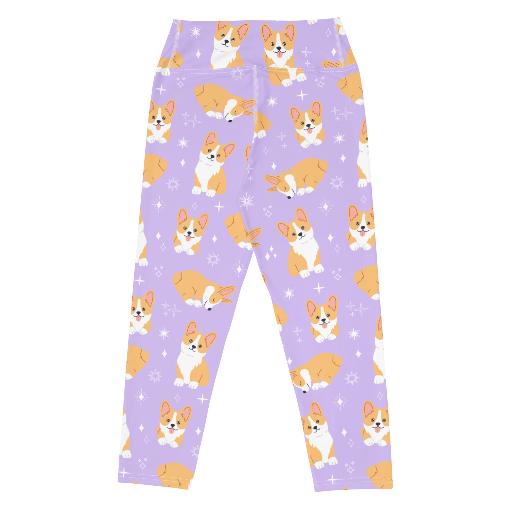 Women’s purple buttery soft yoga capri leggings with high rise and orange white corgi dog pattern and star accents
