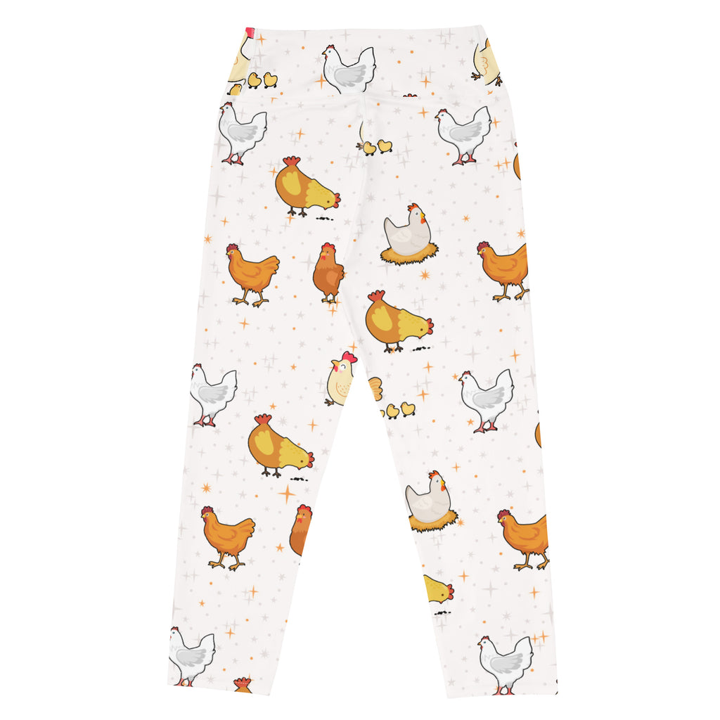 Women’s white high-rise chicken buttery soft yoga capri leggings with colorful cartoon chicken and chick pattern