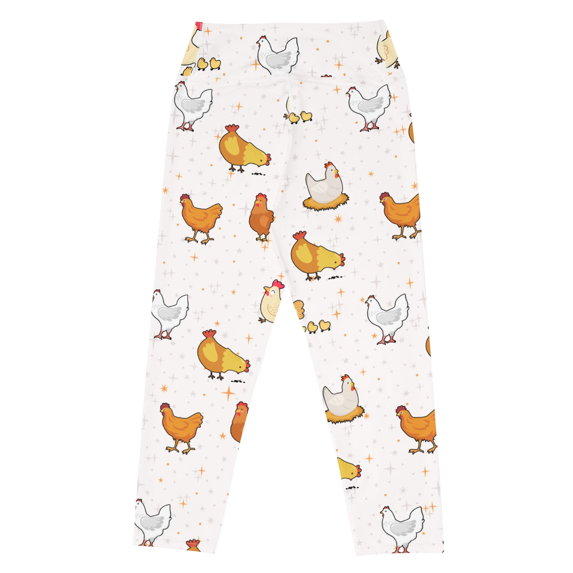 Women’s white high-rise chicken buttery soft yoga capri leggings with colorful cartoon chicken and chick pattern