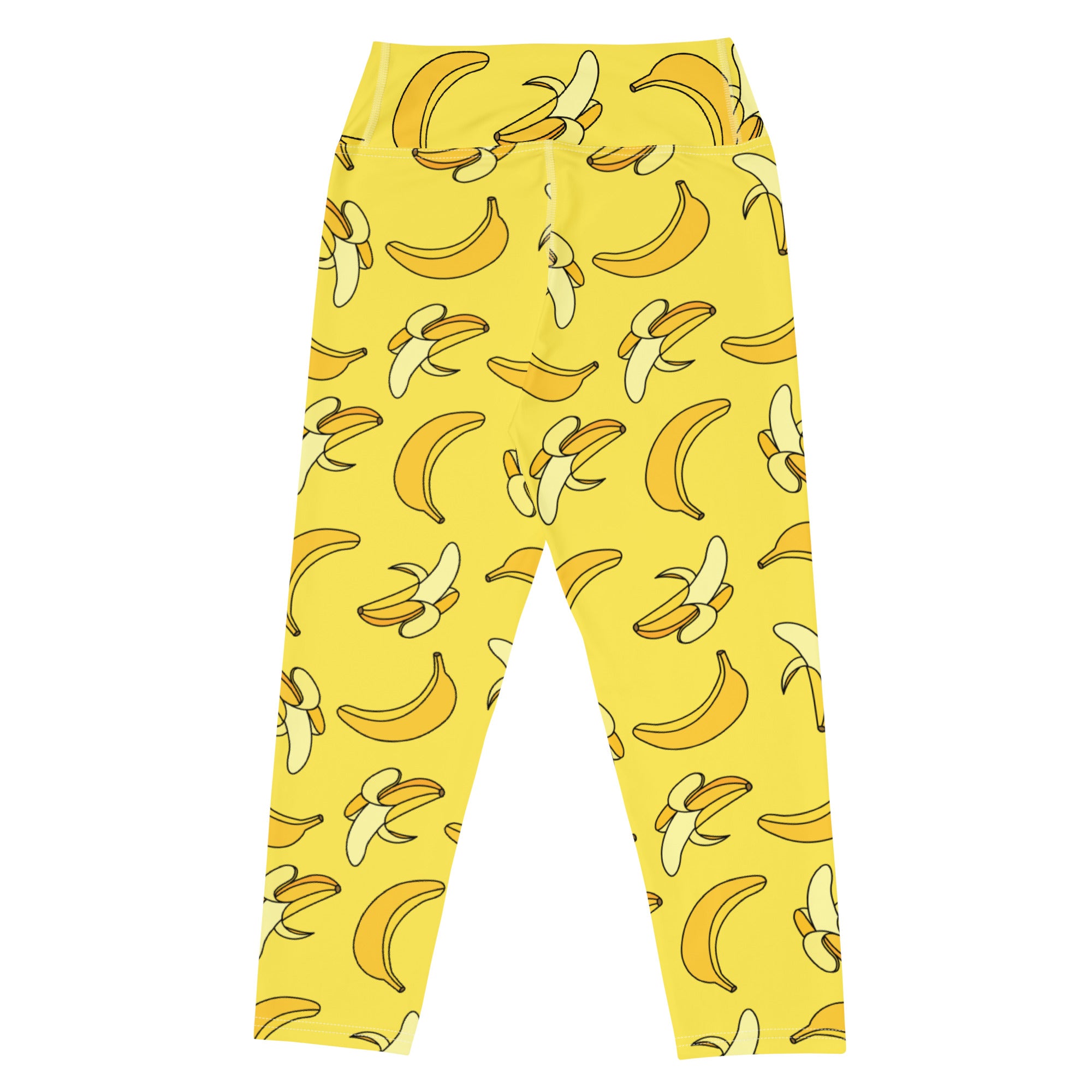 Women’s yellow high-rise banana buttery soft yoga capri leggings with playful cartoon banana pattern and moisture-wicking fabric