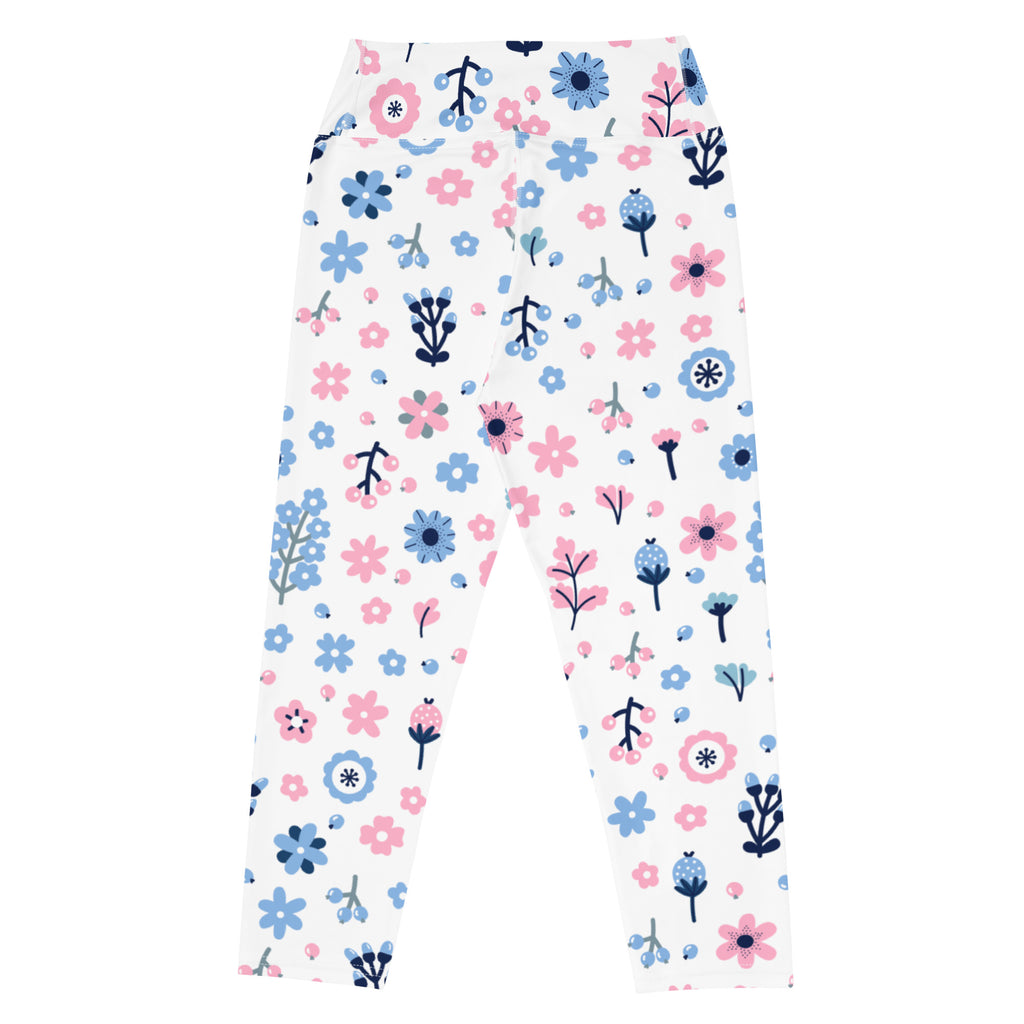 White high-rise yoga capri leggings with pastel pink and blue floral pattern navy stems buttery soft stretch