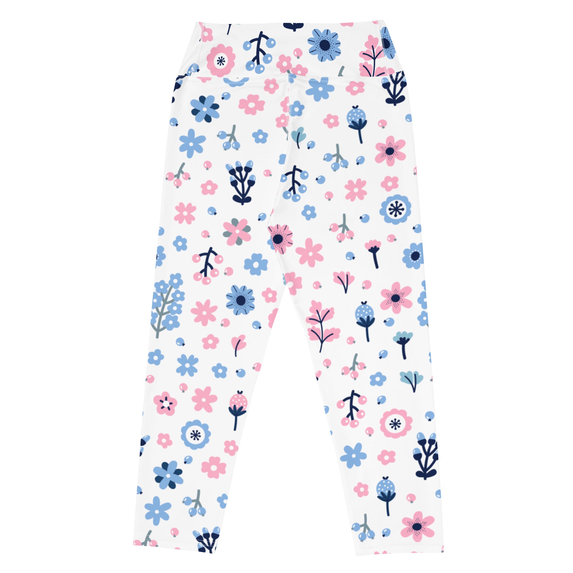White high-rise yoga capri leggings with pastel pink and blue floral pattern navy stems buttery soft stretch