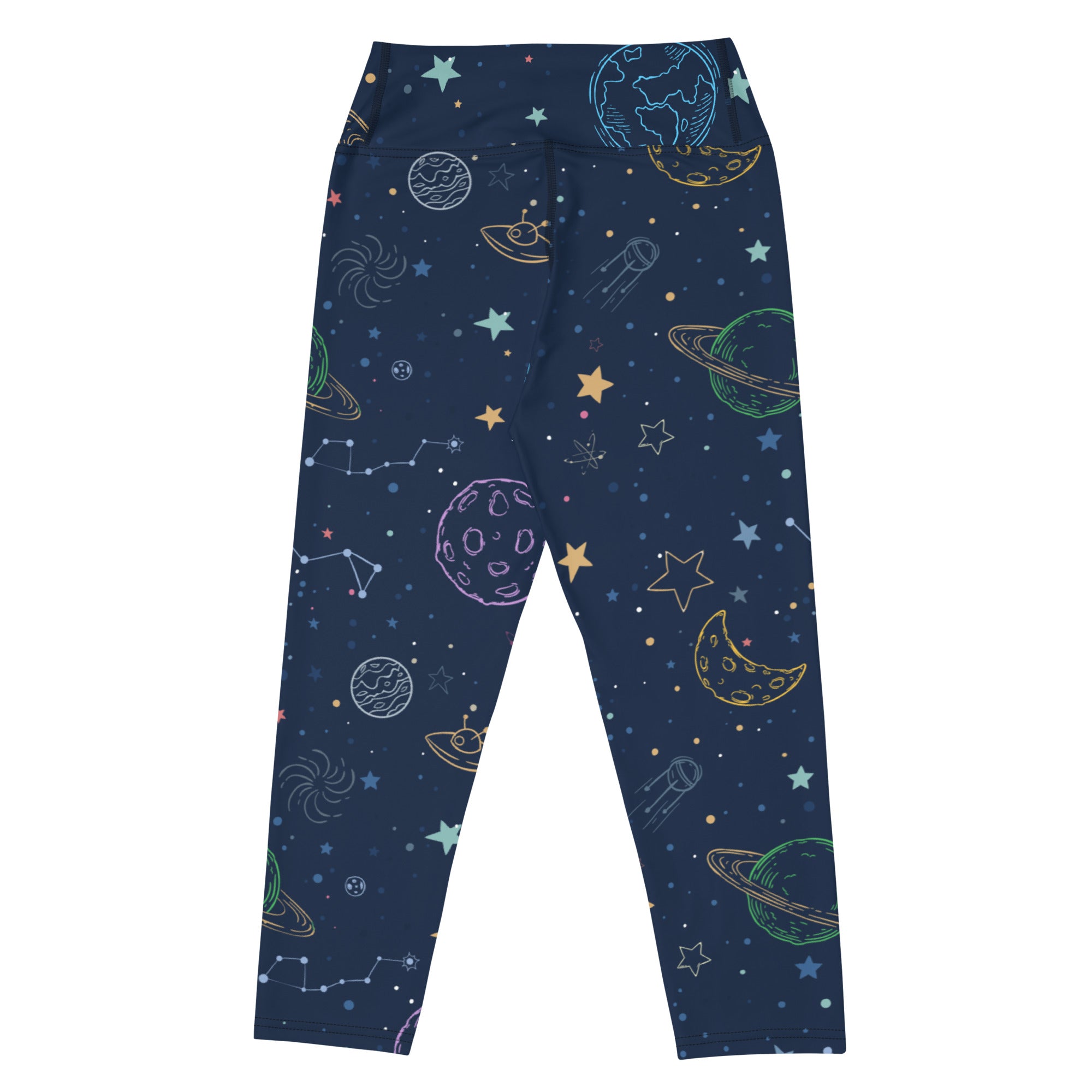 Women’s dark blue space-themed high-rise buttery soft yoga capri leggings with colorful planets and moisture-wicking fabric
