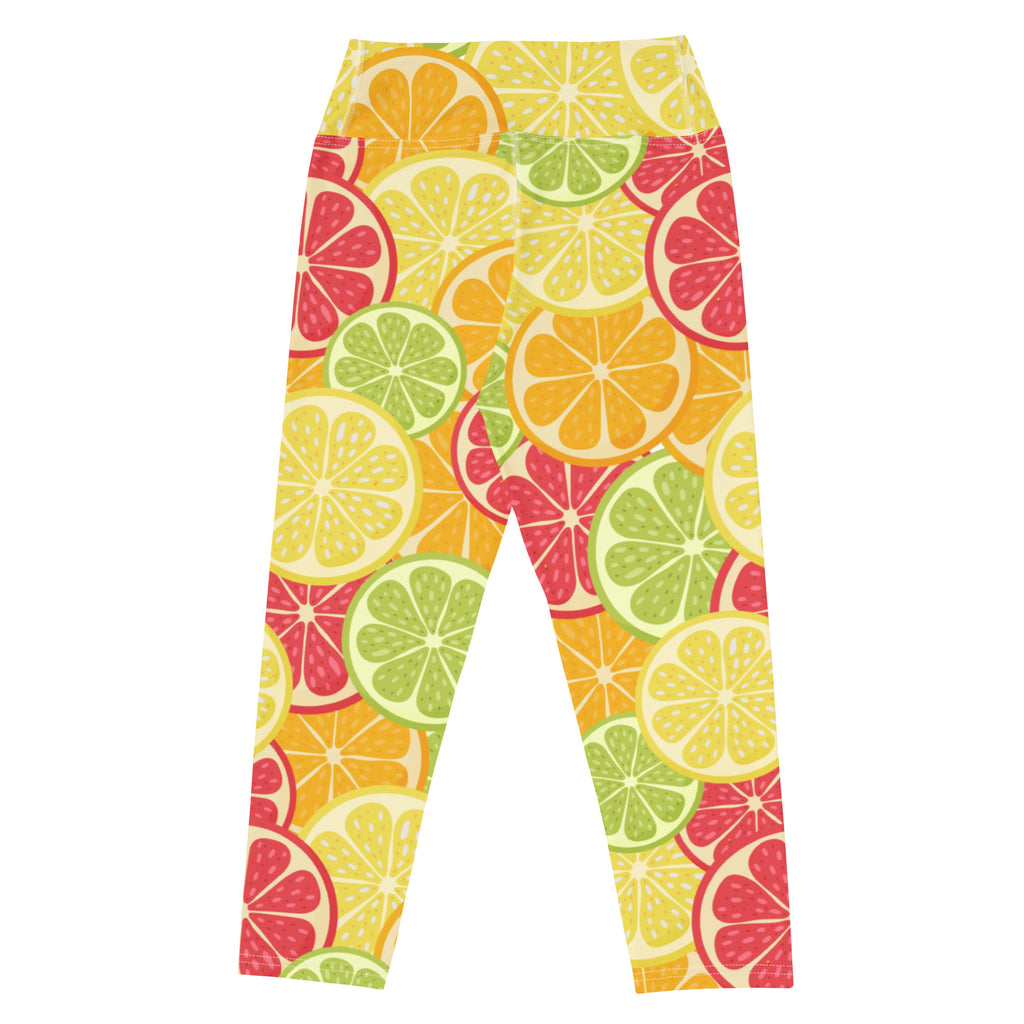 Women’s high-rise buttery soft yoga capri leggings with colorful lemon lime and grapefruit fruit slice pattern