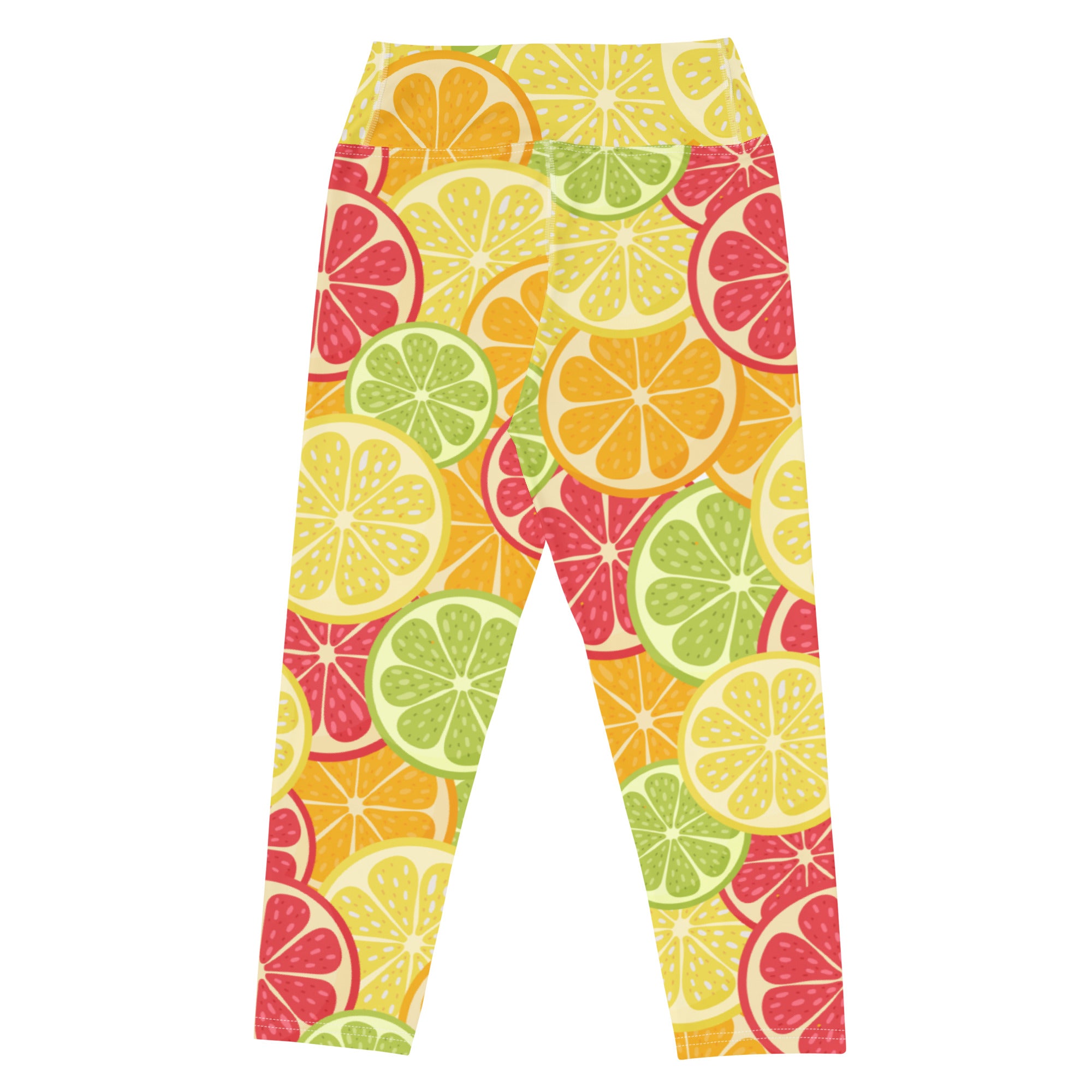 Women’s high-rise buttery soft yoga capri leggings with colorful lemon lime and grapefruit fruit slice pattern