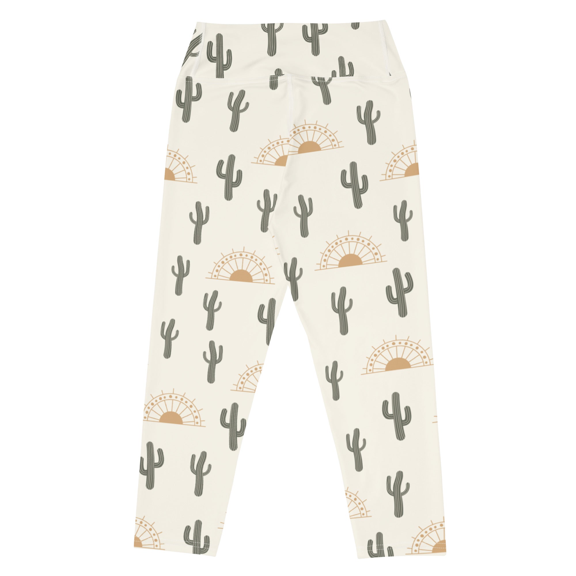 Women’s cream-colored high-rise buttery soft yoga capri leggings with gray cactus and tan sunburst pattern