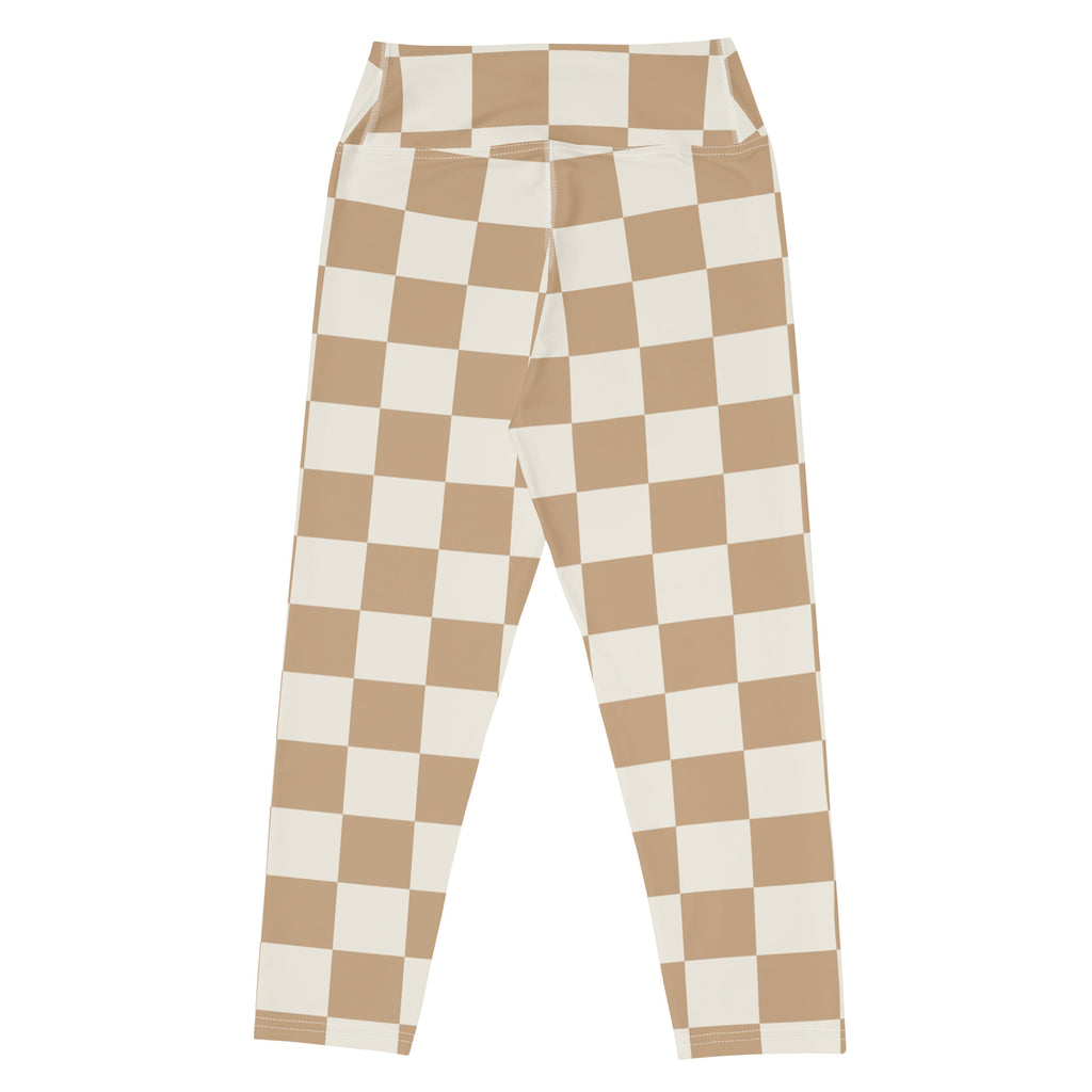 Women’s neutral tan and cream checkered buttery soft high-rise yoga capri leggings with moisture-wicking stretch fabric