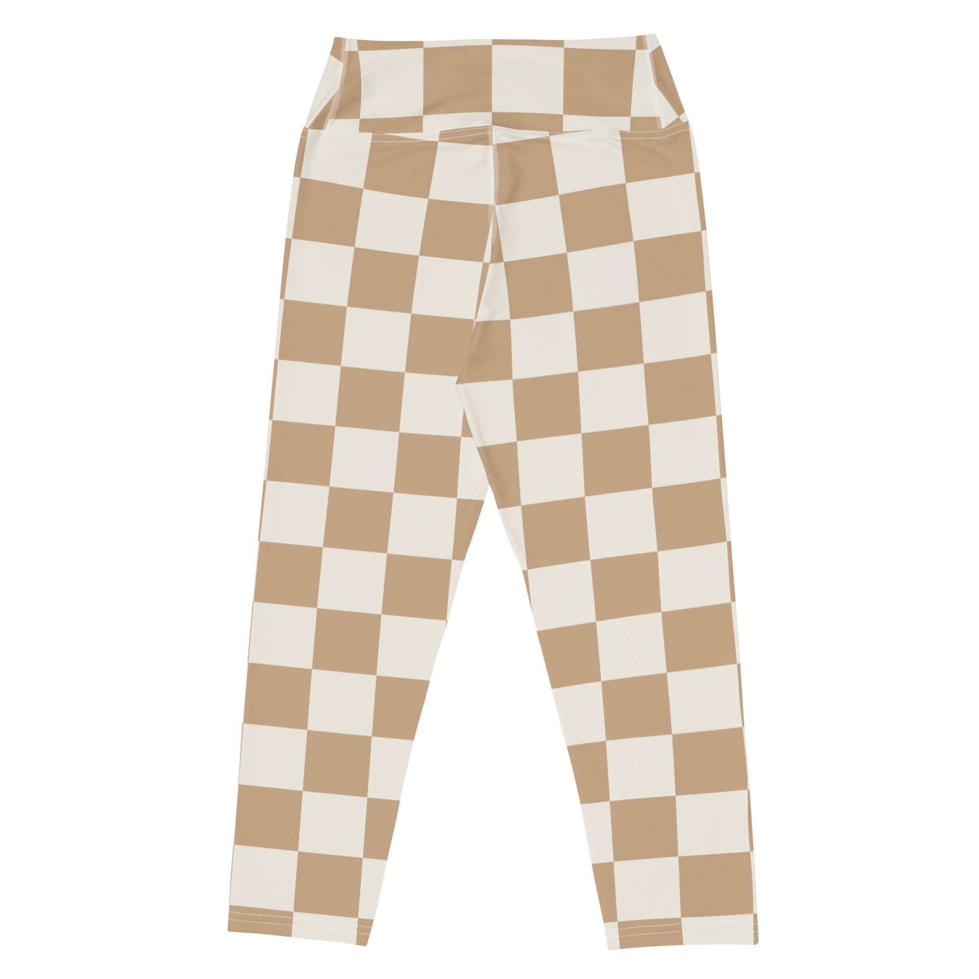 Women’s neutral tan and cream checkered buttery soft high-rise yoga capri leggings with moisture-wicking stretch fabric