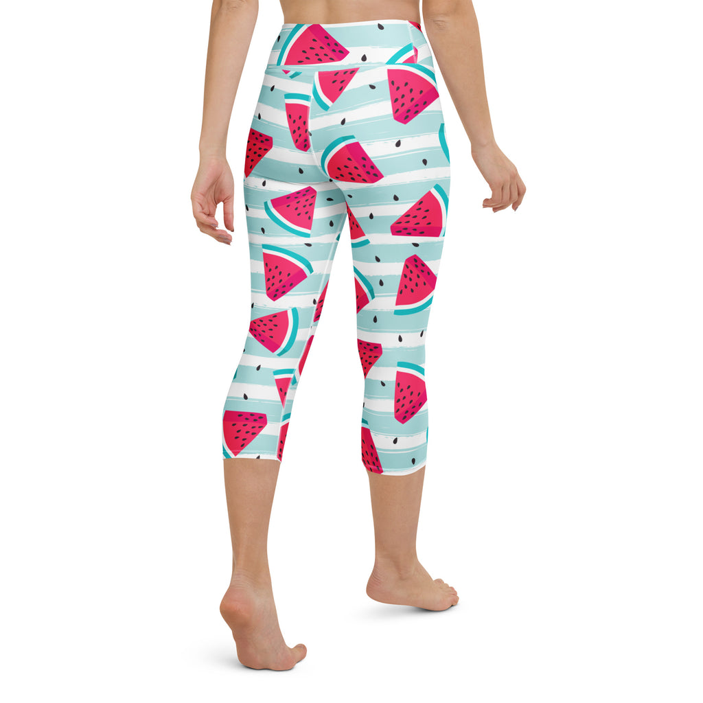 Women’s watermelon stripe buttery soft high-rise yoga capri leggings in vibrant pink teal and white moisture-wicking stretch