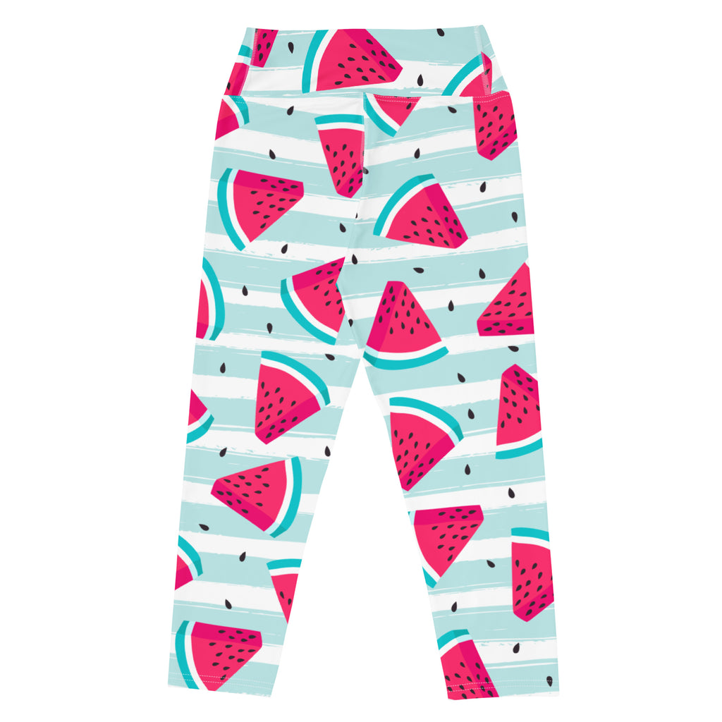 Women’s watermelon stripe buttery soft yoga capri leggings with vibrant pink teal pattern on light blue white stripes