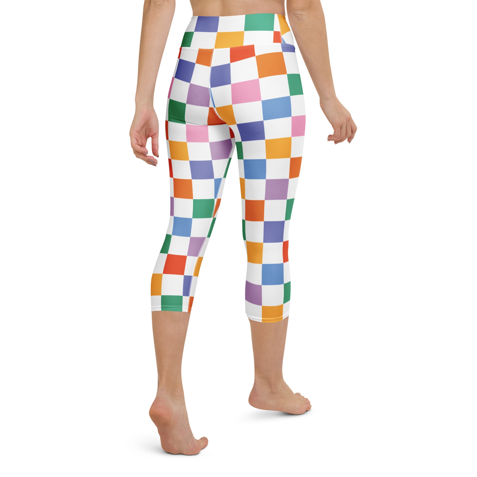 Women’s colorful checkered high-rise buttery soft yoga capri leggings with moisture-wicking stretch fabric