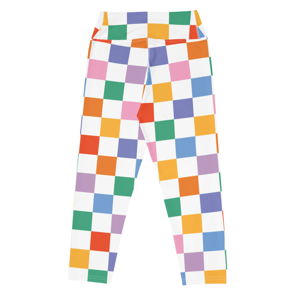 Women’s colorful checkered buttery soft yoga capri leggings with rainbow squares on white moisture-wicking fabric