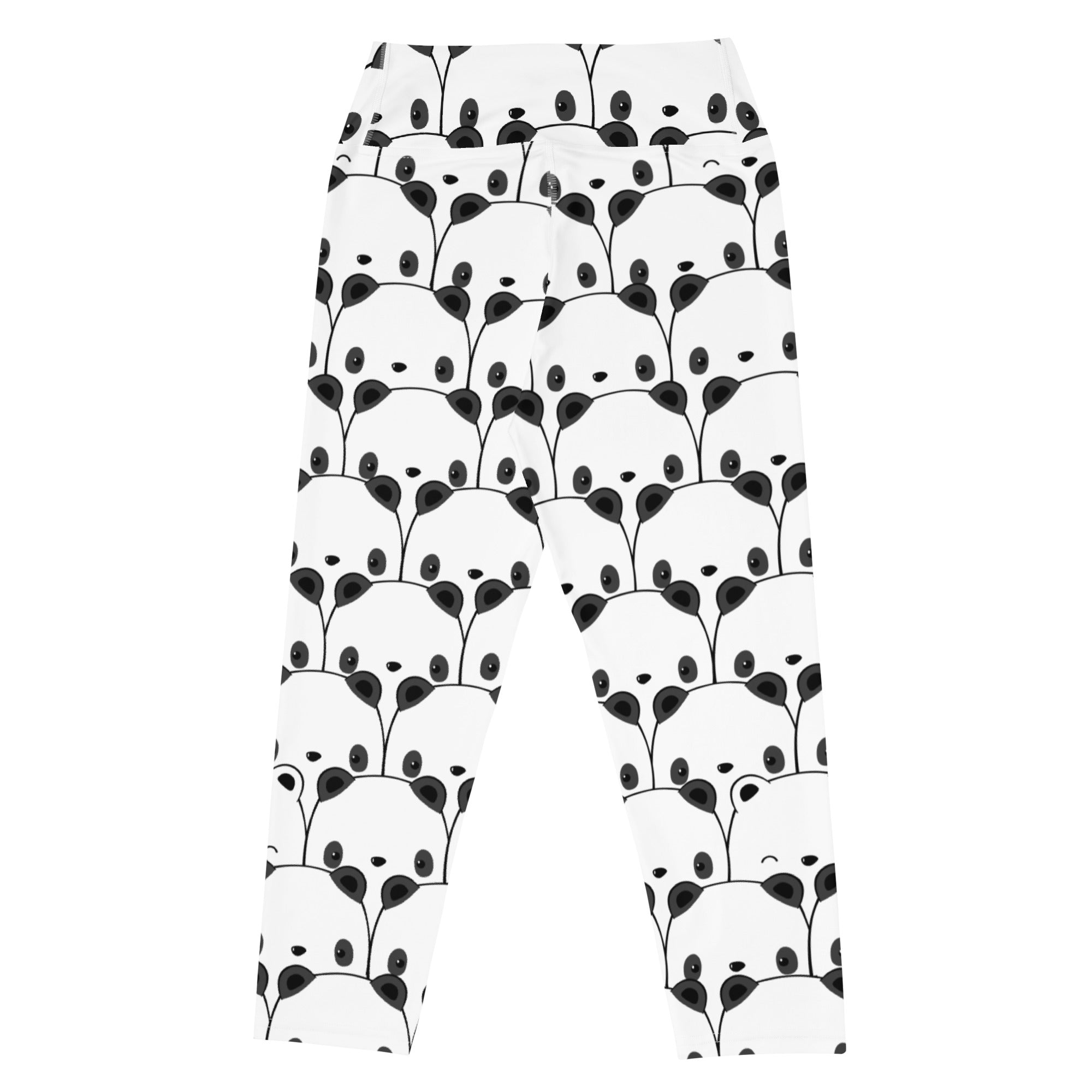 Women’s white buttery soft panda yoga capri leggings with black line-art pandas high-rise moisture-wicking stretch