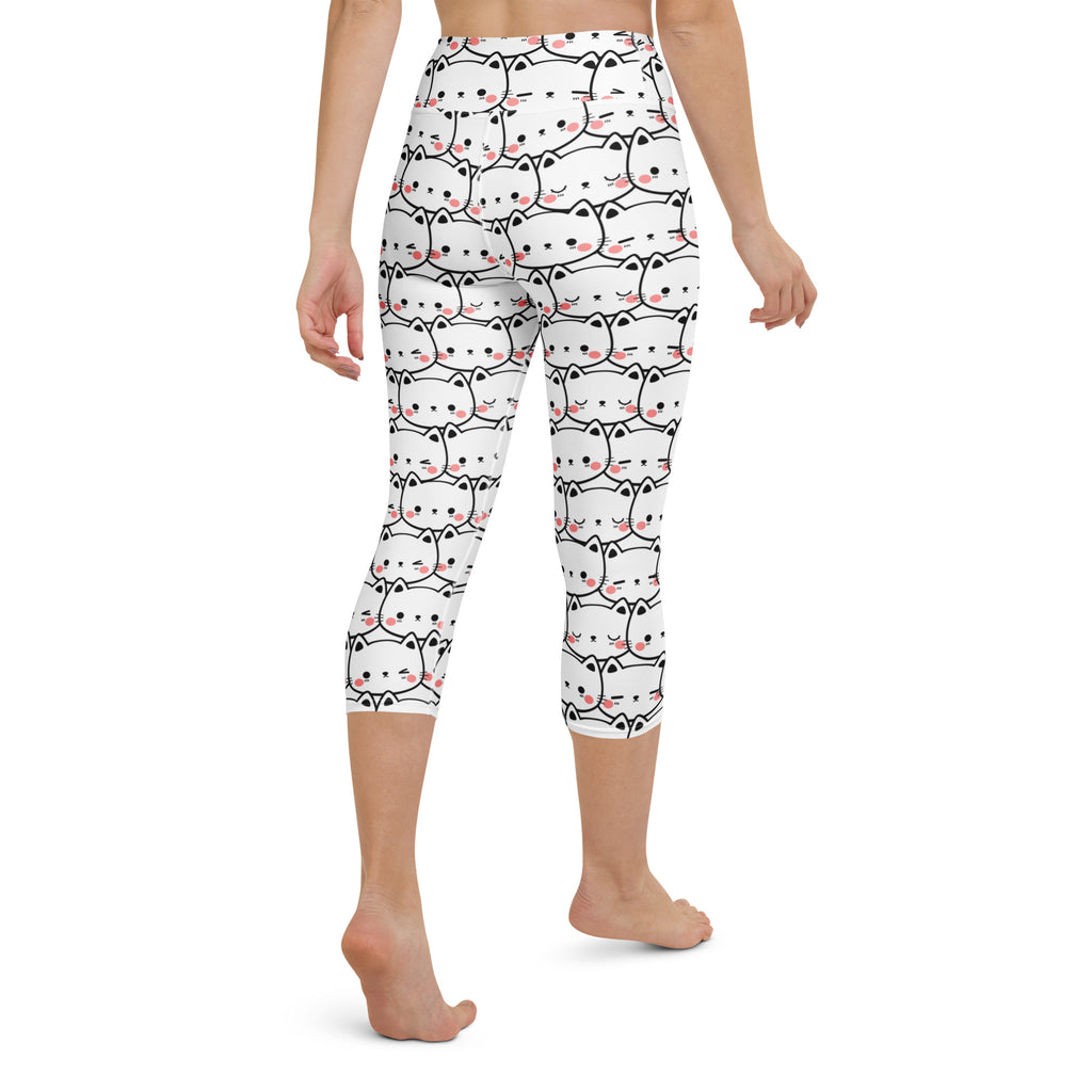 White capri leggings with black outlined cartoon cats and pink cheeks buttery soft high rise moisture wicking yoga pants