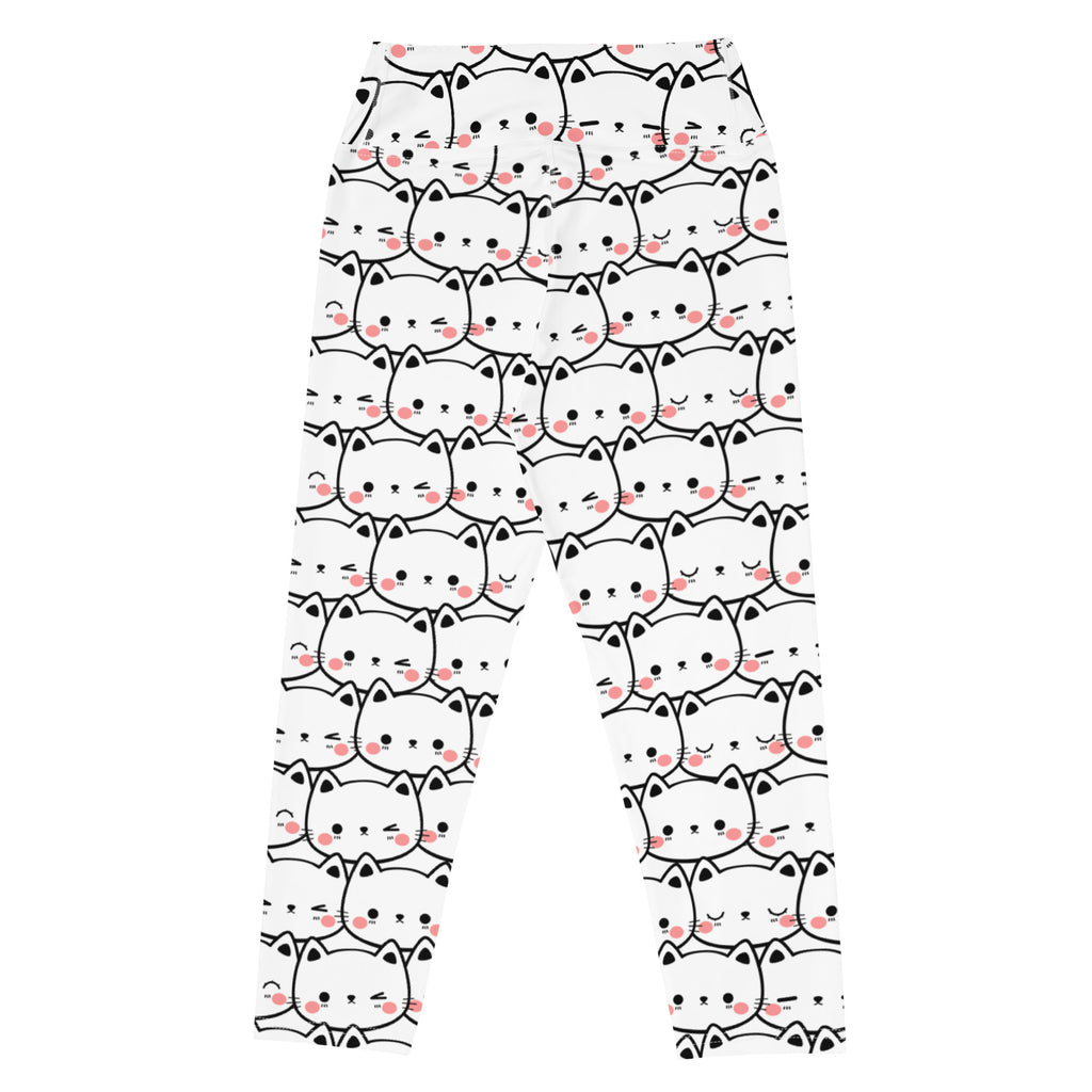 Women’s white cat print buttery soft high-rise yoga capri leggings with black outlined cartoon cats and pink blush cheeks