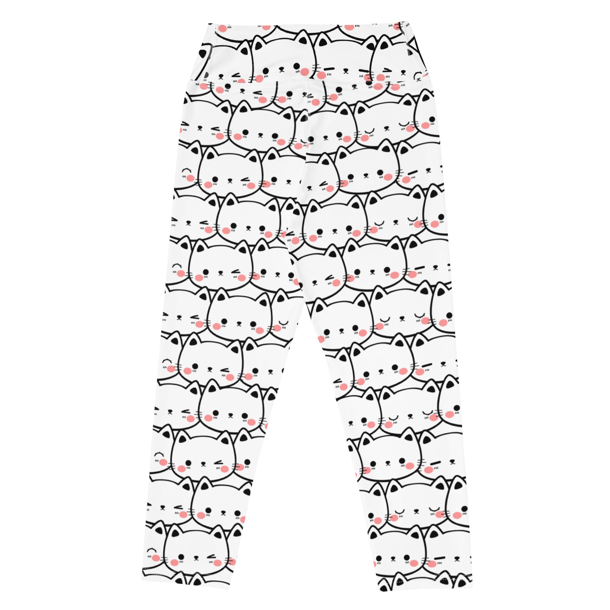 Women’s white cat print buttery soft high-rise yoga capri leggings with black outlined cartoon cats and pink blush cheeks