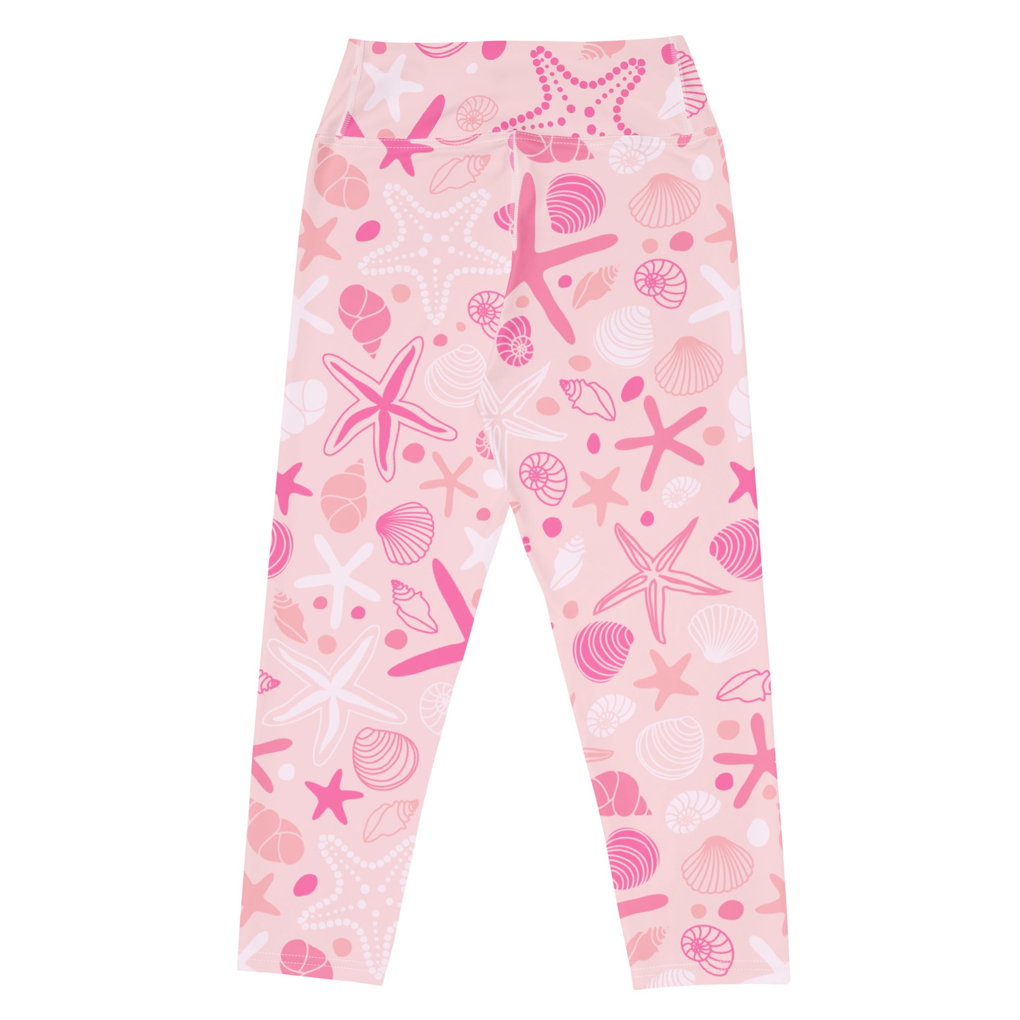 Women’s pink and white starfish and seashell patterned buttery soft high-rise yoga capri leggings with moisture-wicking stretch