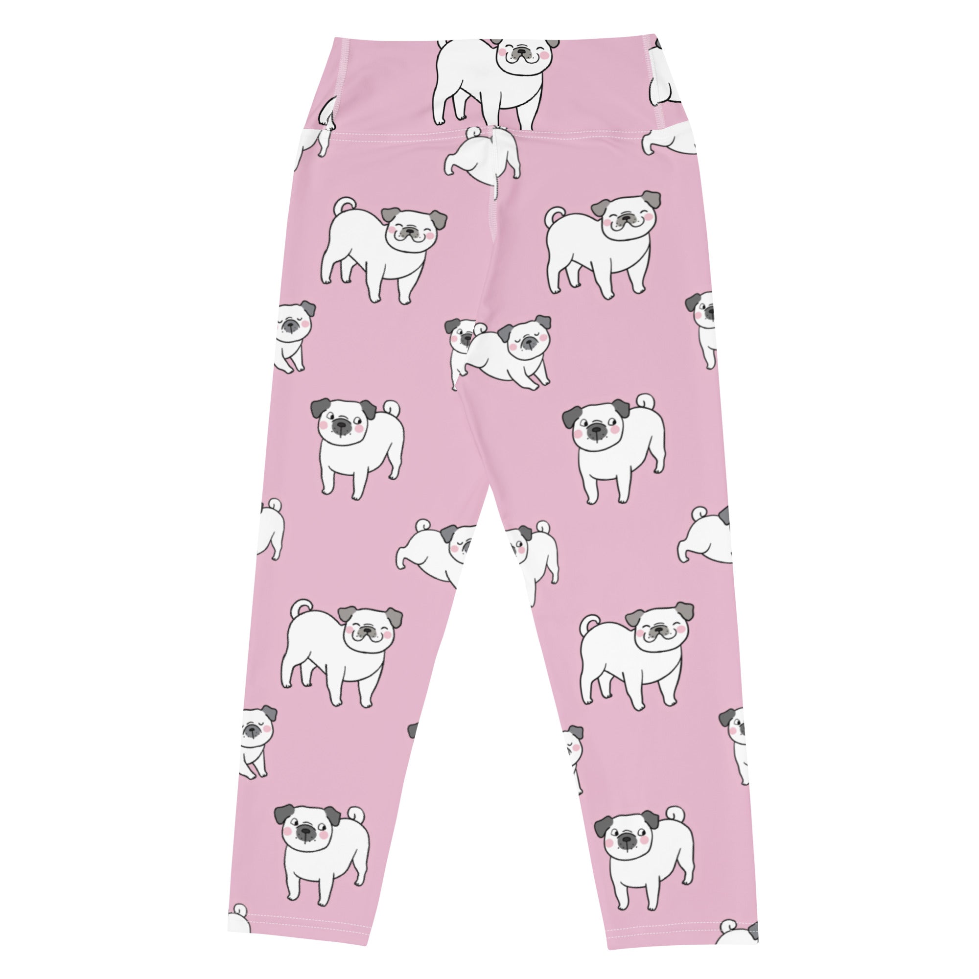 Women’s pink buttery soft high-rise yoga capri leggings with playful white pug pattern and moisture-wicking stretch