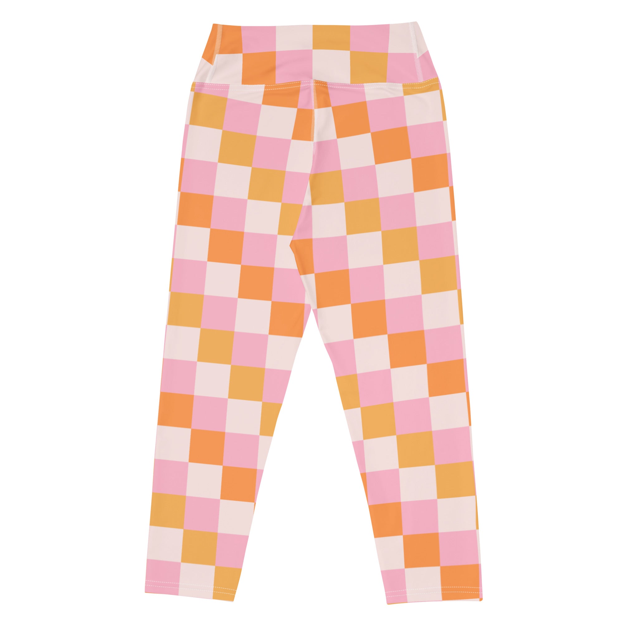 Women’s pink and orange checkered buttery soft yoga capri leggings with high rise waistband and moisture wicking fabric