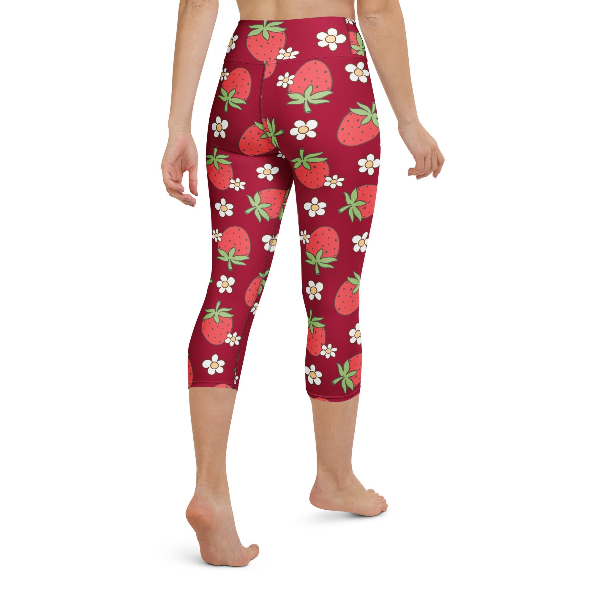 Women’s high-rise buttery soft yoga capri leggings with red strawberry and white daisy pattern moisture-wicking
