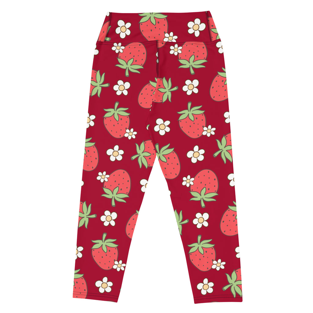 Women’s red high-rise strawberry and daisy buttery soft yoga capri leggings with moisture-wicking stretch fabric