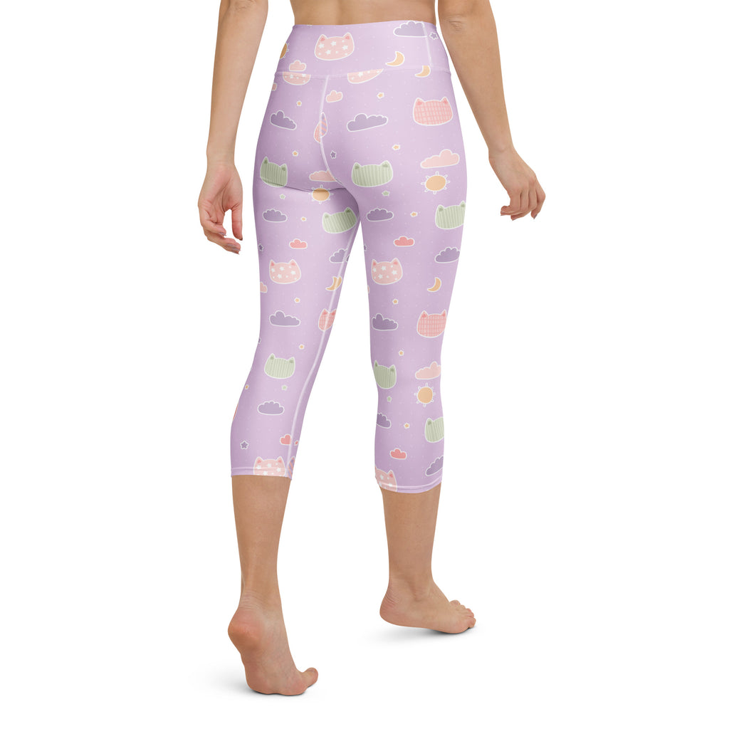 Women’s pastel lavender capri leggings with kawaii cat faces clouds moons buttery soft high-rise moisture-wicking stretch