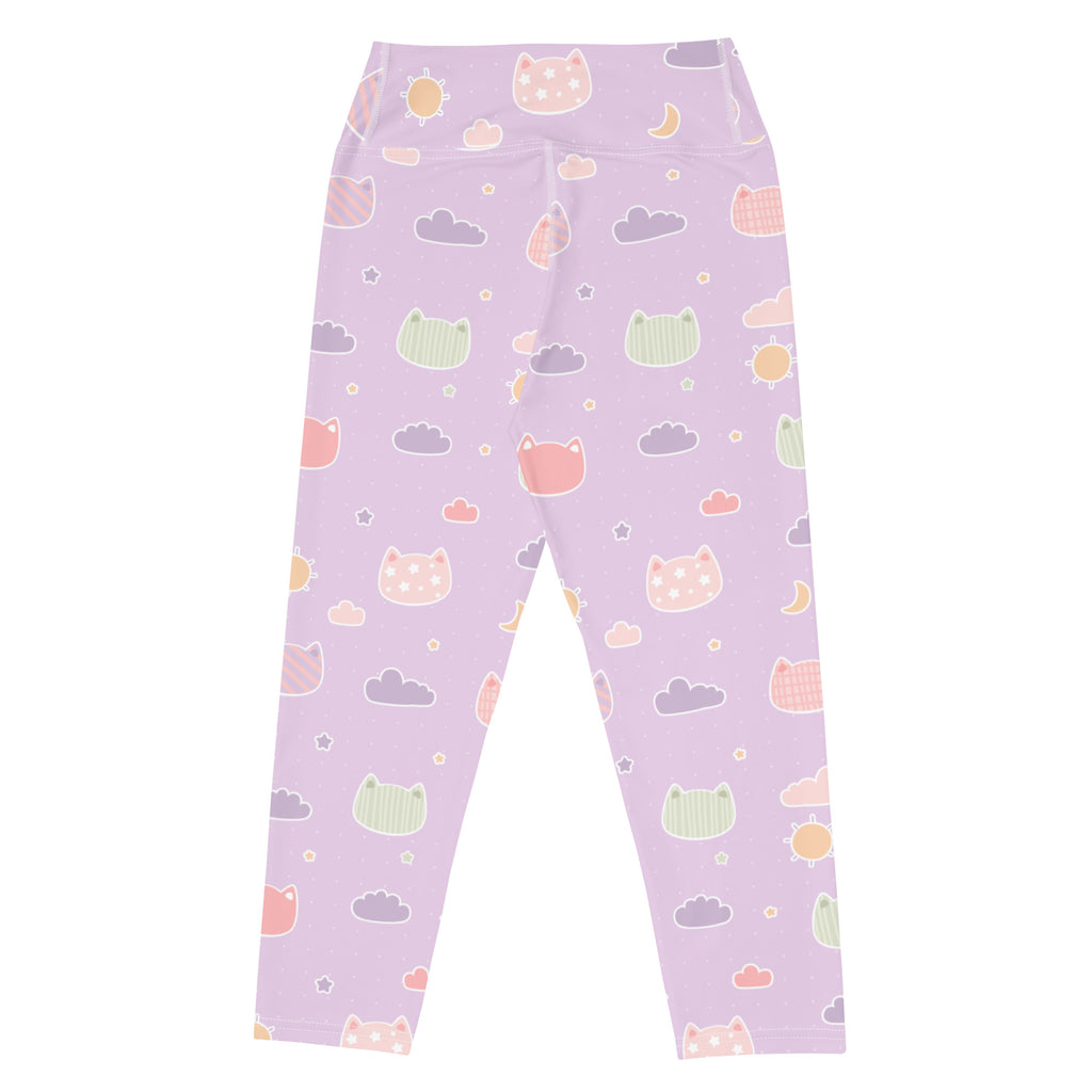 Women’s pastel purple high-rise yoga capri leggings with kawaii cats clouds celestial pattern buttery soft fabric