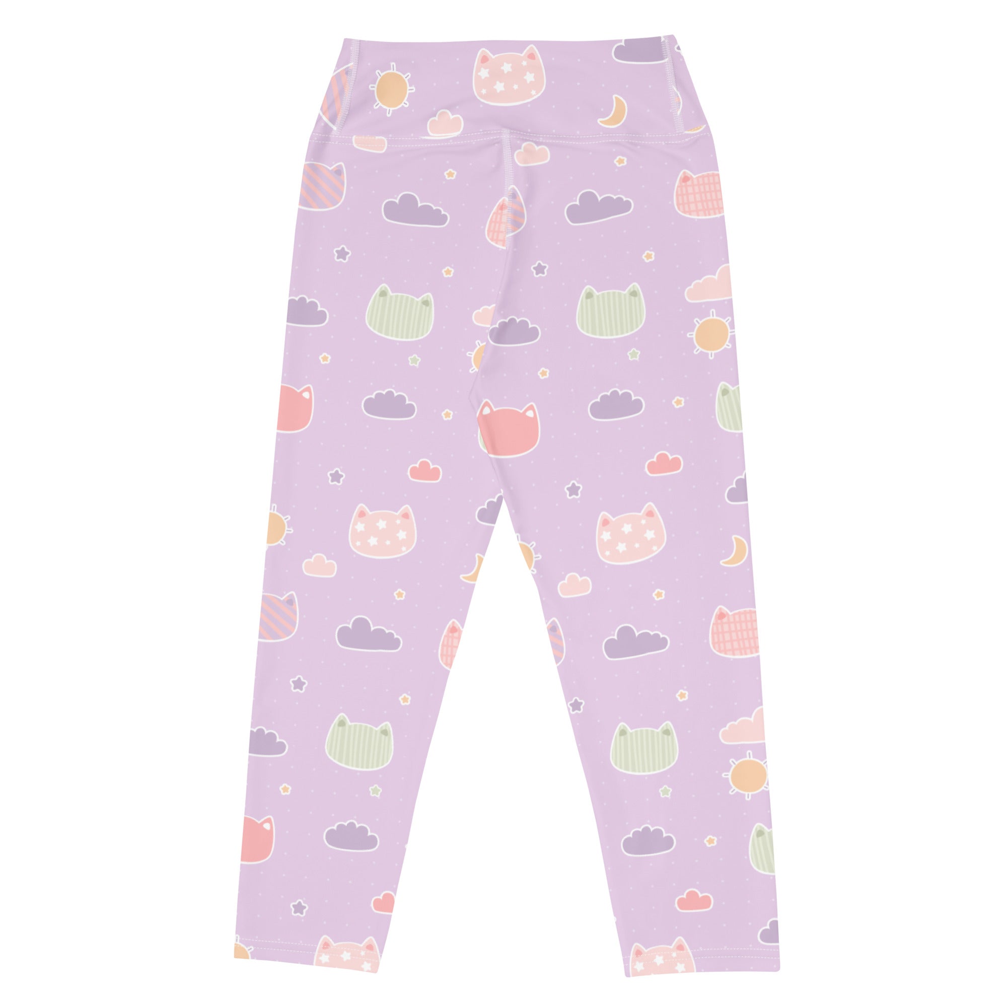 Women’s pastel purple high-rise yoga capri leggings with kawaii cats clouds celestial pattern buttery soft fabric