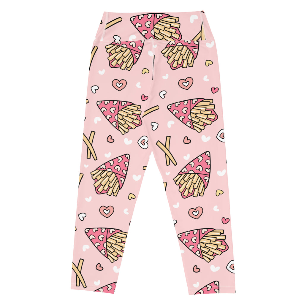 Women’s pink french fry heart buttery soft high-rise moisture-wicking yoga capri leggings with cartoon pattern