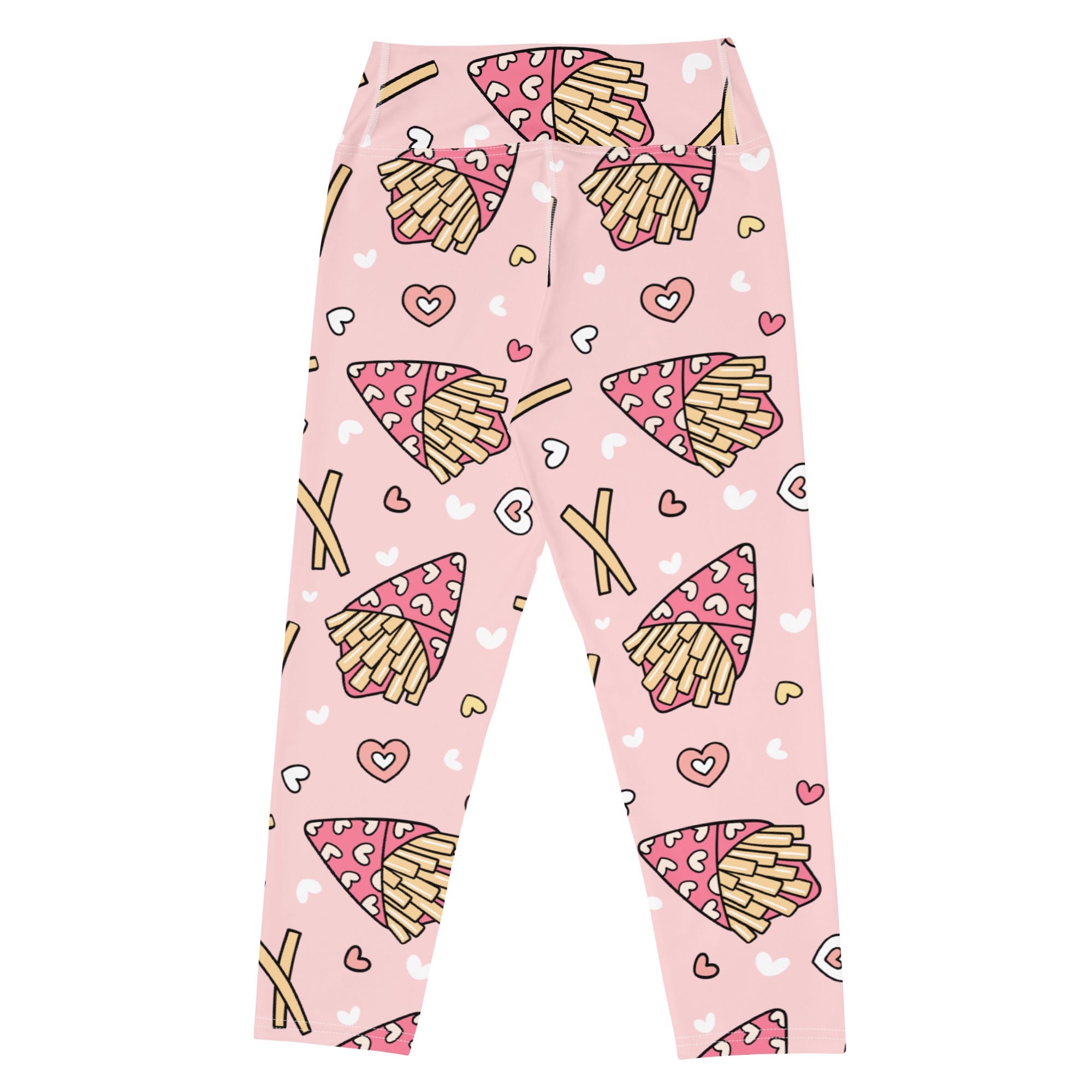 Women’s pink french fry heart buttery soft high-rise moisture-wicking yoga capri leggings with cartoon pattern