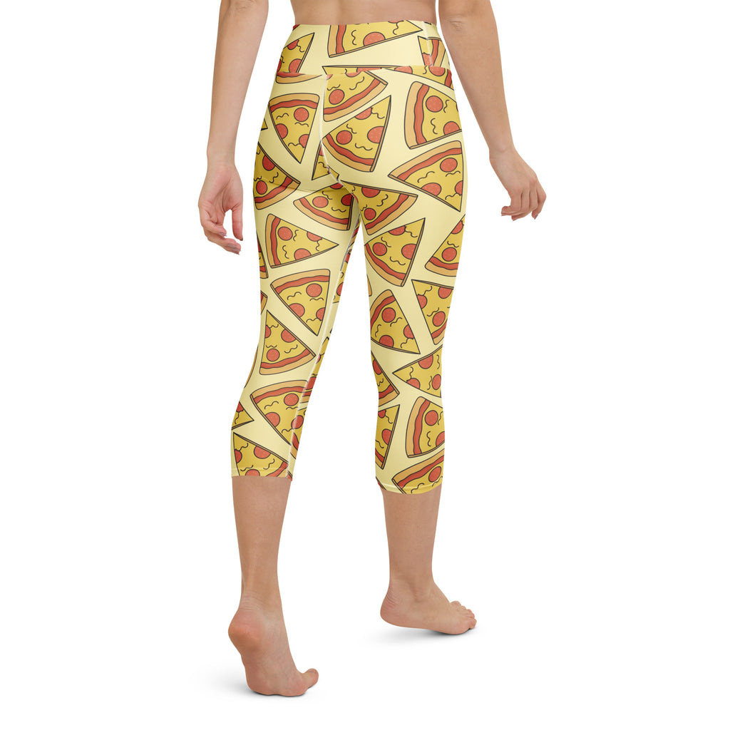 Yellow capri leggings with a playful cartoon-style pizza slice pattern buttery soft high-rise moisture-wicking activewear