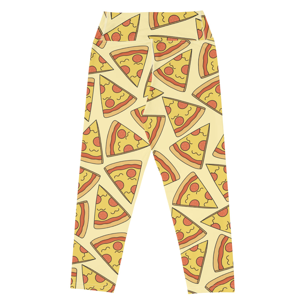 Cream-colored women’s high-rise buttery soft yoga capri leggings with playful pizza slice pattern and moisture-wicking stretch