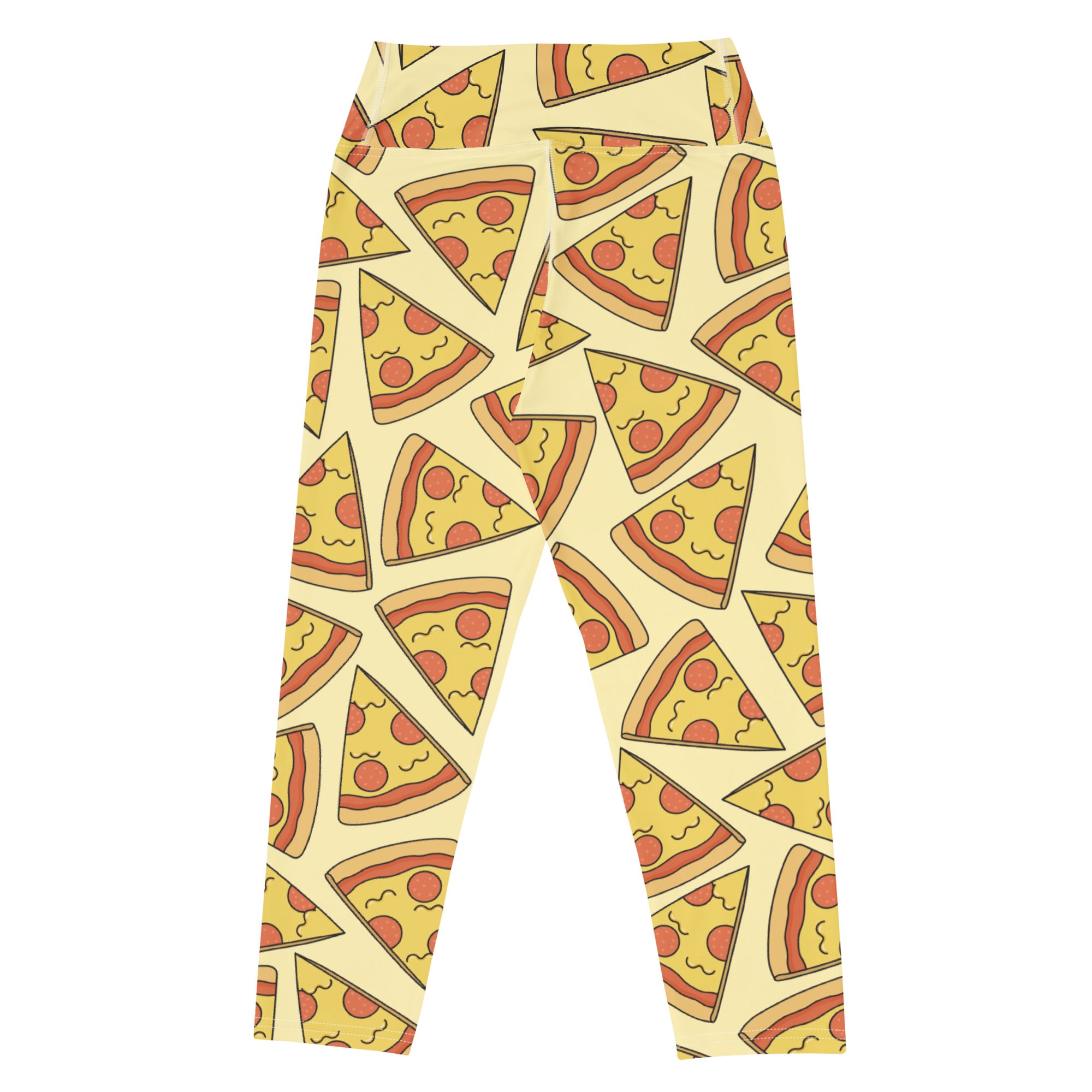 Cream-colored women’s high-rise buttery soft yoga capri leggings with playful pizza slice pattern and moisture-wicking stretch