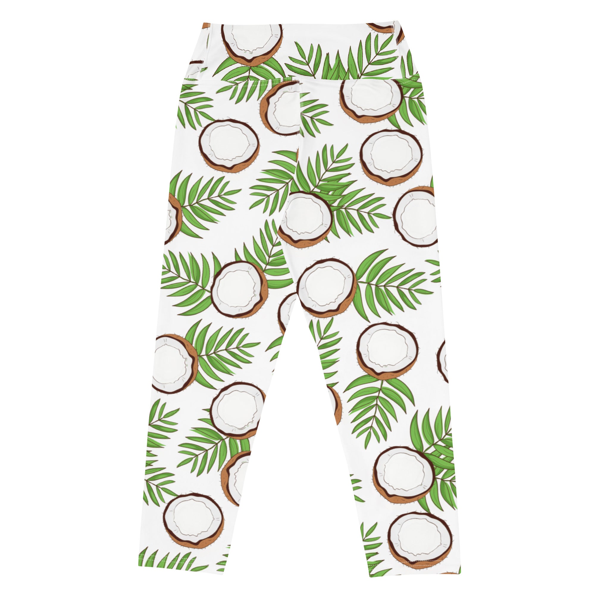 White high-rise capri leggings with buttery soft stretch fabric featuring coconut and green palm leaf pattern